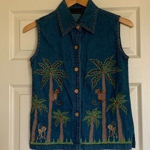 🎉HP🎉Vintage Applique Denim Vest SZ PS Tropical Monkey Palm Trees NWOT